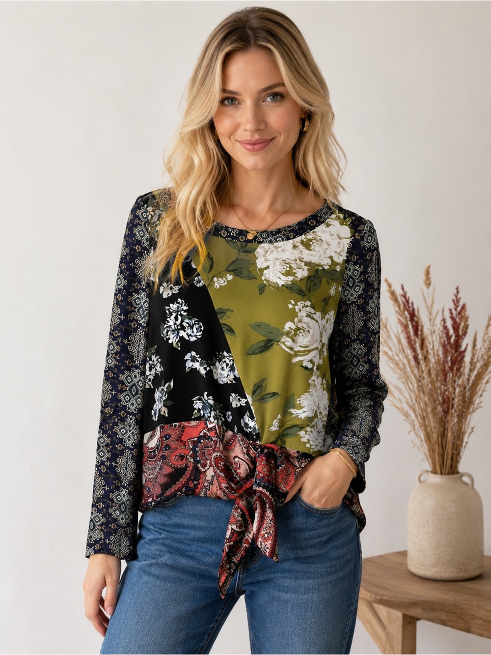 ZAC & RACHEL Polyester Black/White/Green/Red Boho Blouse Size Small(small flaw)